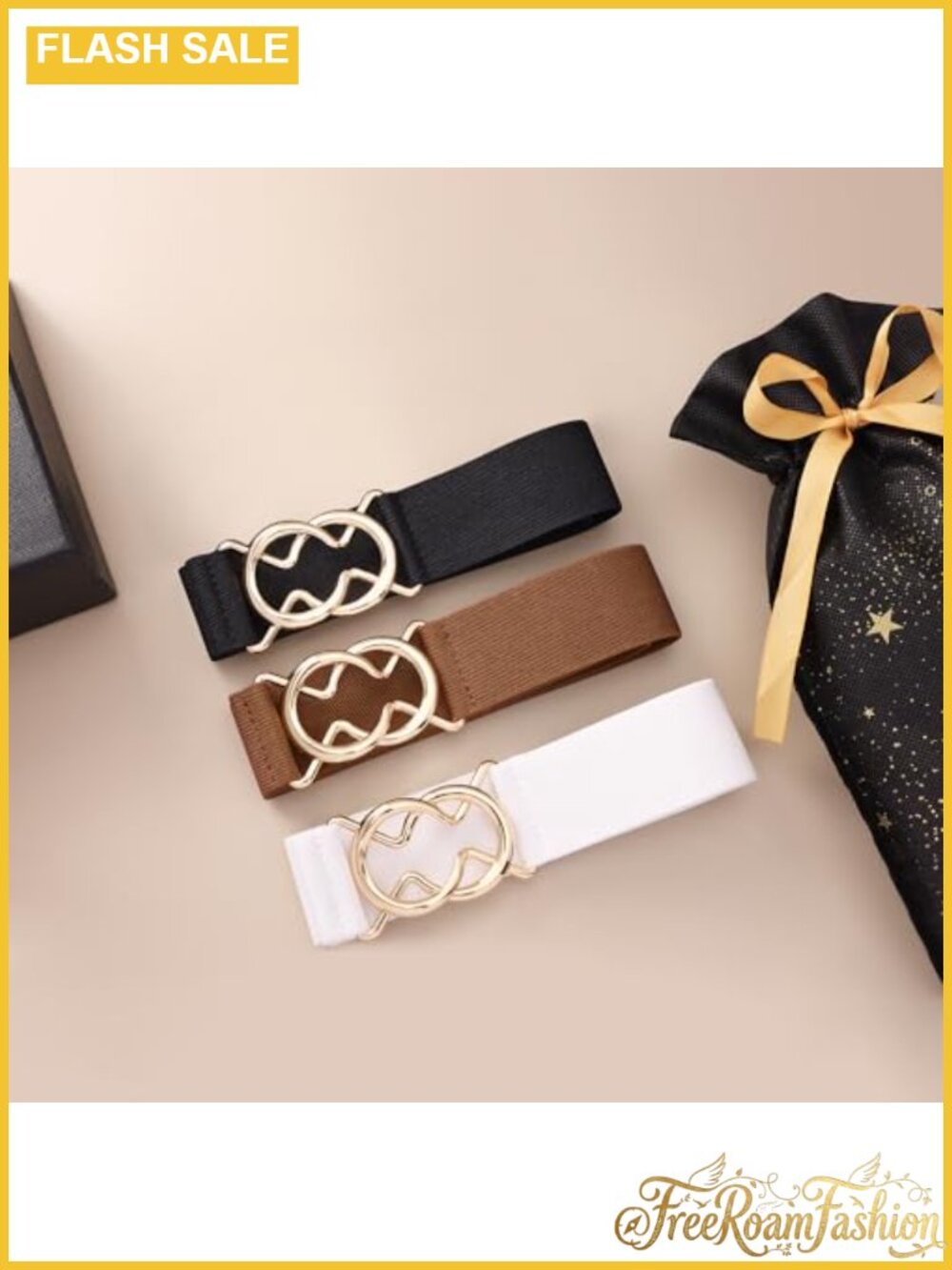 Women's Elastic Stretch Belts with Gold Buckle Adjustable Waist Set of 3 - Picture 5 of 5